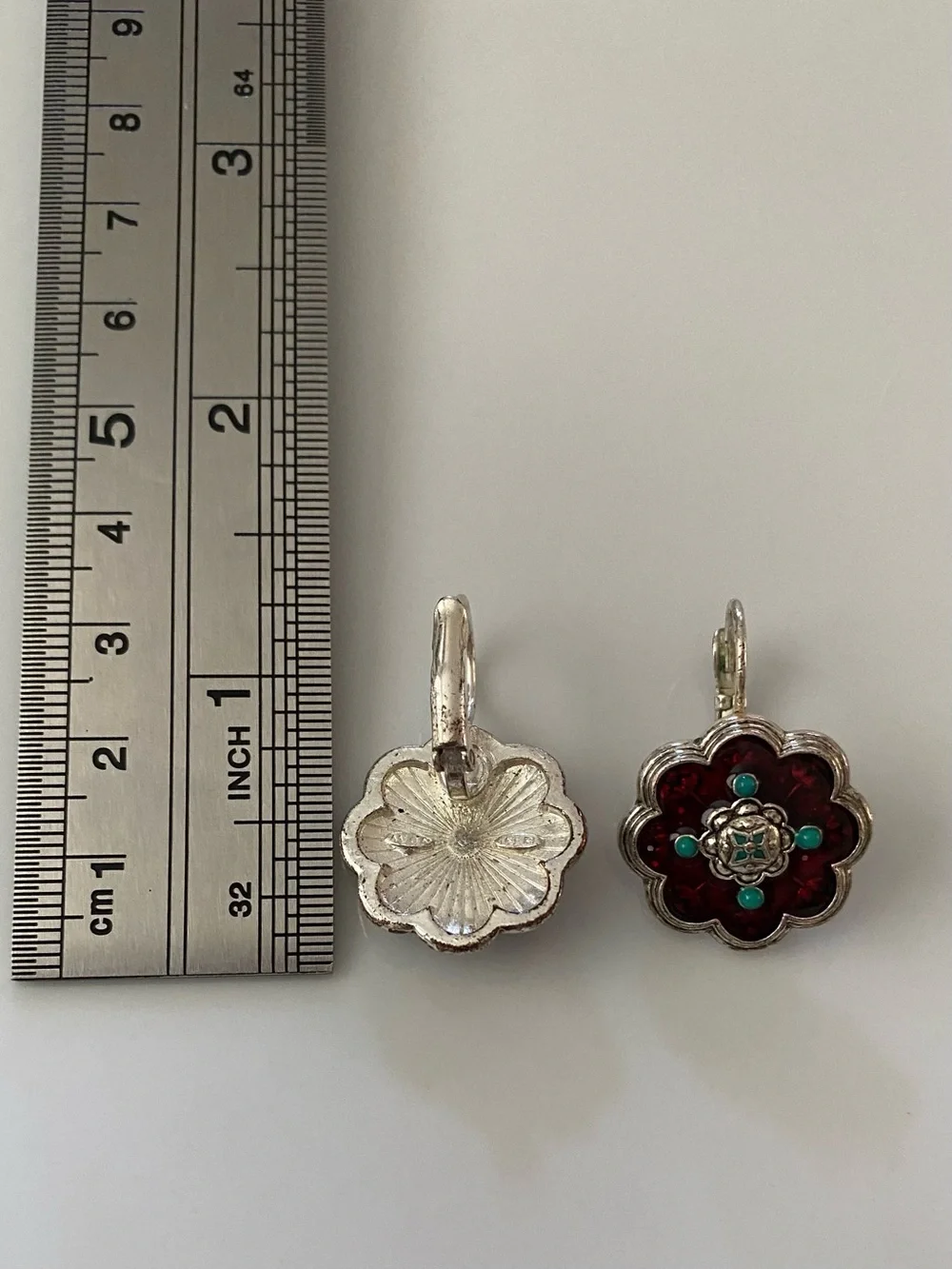 Avon Red Flower Drop Earrings with Turquoise Accents